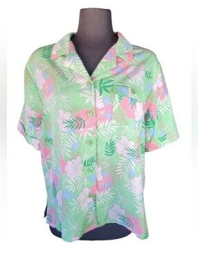 90s Sag Harbor Green Floral Button-Up Blouse Hawaiian Tropical Vintage